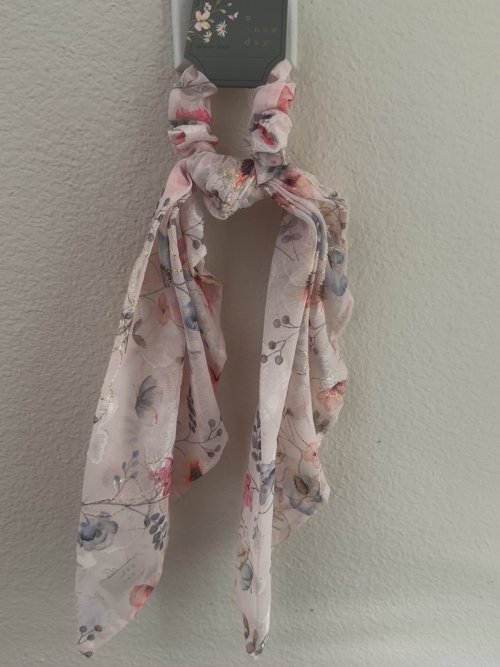 a new day Pink Floral Scarf Scrunchie with Tails